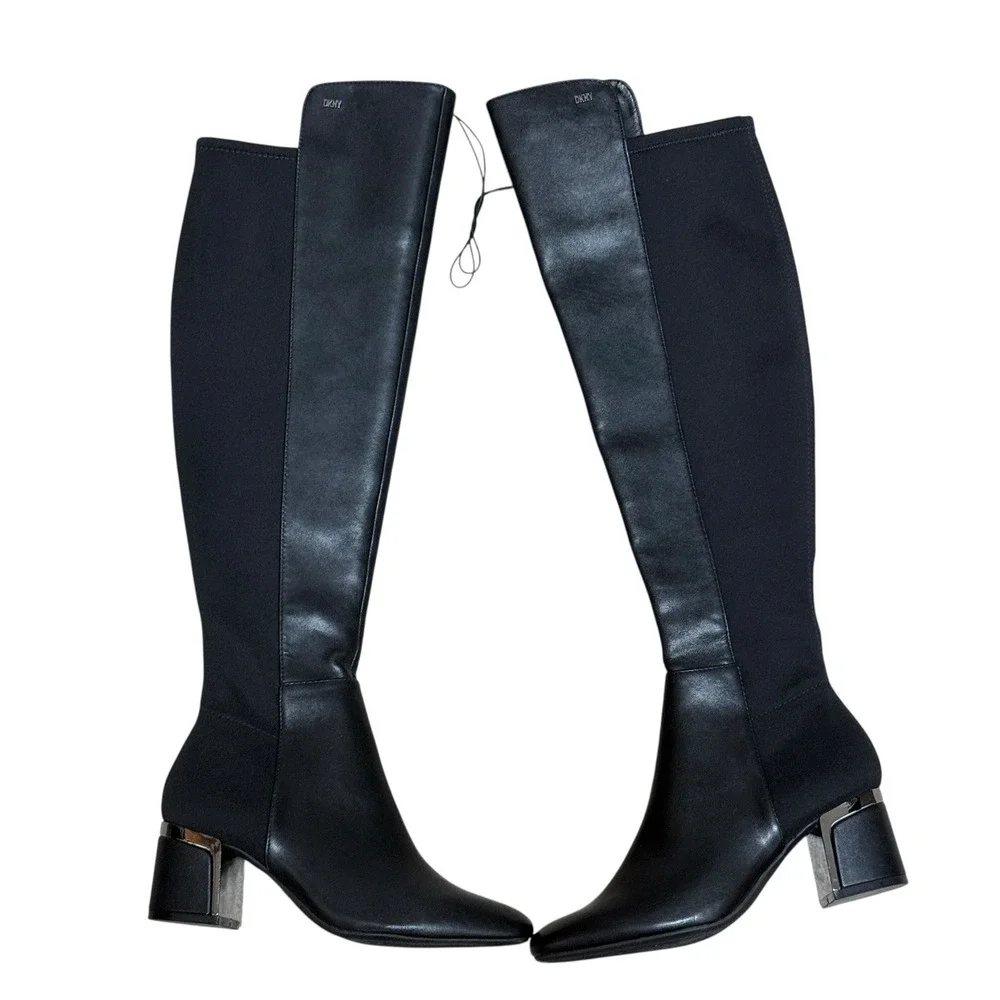 DKNY Chandrah Black Over The Knee Block Heel Boots Stretch Shaft Womens Size 5.5